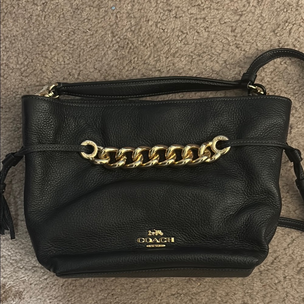 Coach Black and Gold Leather Shoulder Bag with Chain Accents